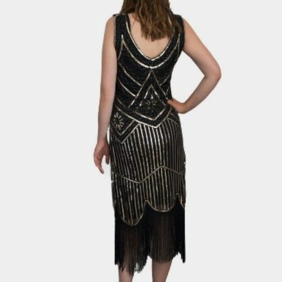 Women's Vintage 1920's Sequin Beaded Tassels Hem Flapper Dress with Accessories - Picture 6 of 7